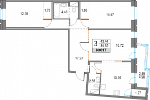 3 ккв № 617 Дом: 13 Корп.: 41 , Секция 5  в ЖК Приморский квартал