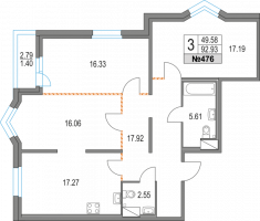 3 ккв № 476 Дом: 13 Корп.: 42 , Секция 7  в ЖК Приморский квартал
