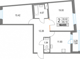 2 ккв № 455 Дом: 13 Корп.: 42 , Секция 7  в ЖК Приморский квартал