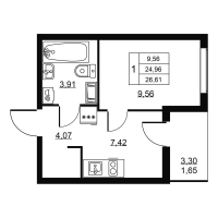 1 ккв № 332 Корп.: 1 , Секция 7  в ЖК Пулковское, 34