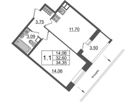 1 ккв № 492 Корп.: 4.1 , Секция 2.2  в ЖК Pulse Premier