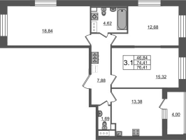 3 ккв № 206 Корп.: 3.1 , Секция 1.4  в ЖК Pulse Premier