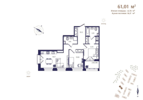 3 ккв (Евро) № 15 Корп.: В5 , Секция 1  в ЖК Ranta Residence