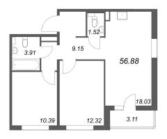 3 ккв (Евро) № 225 Корп.: 2.2 (монолитный) Уч. 2141.2 , Секция 3  в ЖК Расцветай в Янино