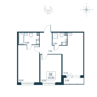 3 ккв (Евро) № 12 Корп.: 2.1 (монолитный) Уч. 2141.1 , Секция 1  в ЖК Расцветай в Янино