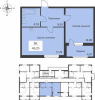 2 ккв (Евро) № 45 Корп.: 2121.2 , Секция 3  в ЖК Расцветай в Янино