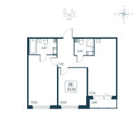 3 ккв (Евро) № 13 Дом: 2.2 Корп.: 2141.2 , Секция 1  в ЖК Расцветай в Янино