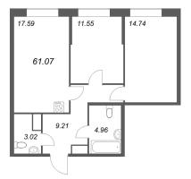 3 ккв (Евро) № 207 Корп.: 1 , Секция 2  в ЖК Речной квартал