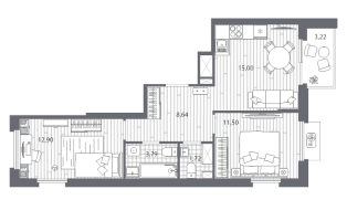 3 ккв (Евро) № 4 Корп.: 2 , Секция 2.1  в ЖК Respect