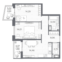2 ккв № 157 Корп.: 3 , Секция 3.2_3  в ЖК Респект