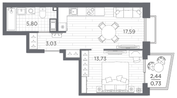 2 ккв (Евро) № 375 Корп.: 3 , Секция 3.2_7  в ЖК Респект