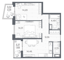 2 ккв № 132 Корп.: 3 , Секция 3.2_3  в ЖК Респект