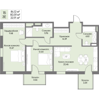 3 ккв (Евро) № 15 Корп.: А8 , Секция 1  в ЖК Рощино Residence