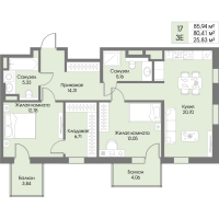 3 ккв (Евро) № 17 Корп.: А6 , Секция 1  в ЖК Рощино Residence