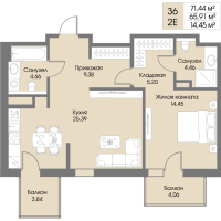 2 ккв (Евро) № 36 Корп.: А6 , Секция 1  в ЖК Рощино Residence