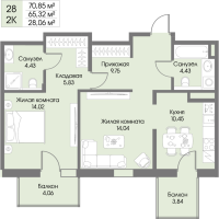 2 ккв № 28 Корп.: А6 , Секция 1  в ЖК Рощино Residence