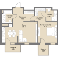 2 ккв (Евро) № 33 Корп.: А4 , Секция 1  в ЖК Рощино Residence