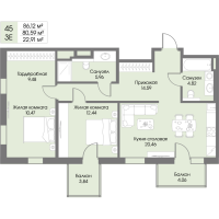 3 ккв (Евро) № 45 Корп.: А4 , Секция 1  в ЖК Рощино Residence