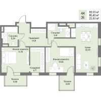 3 ккв (Евро) № 44 Корп.: А6 , Секция 1  в ЖК Рощино Residence