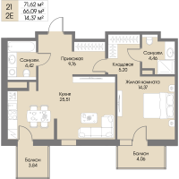 2 ккв (Евро) № 21 Корп.: А9 , Секция 1  в ЖК Рощино Residence