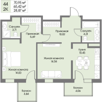 2 ккв № 44 Корп.: А4 , Секция 1  в ЖК Рощино Residence