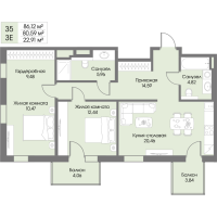 3 ккв (Евро) № 35 Корп.: А4 , Секция 1  в ЖК Рощино Residence