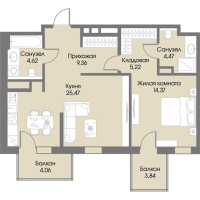 2 ккв (Евро) № 25 Корп.: А3 , Секция 1  в ЖК Рощино Residence