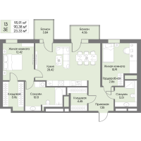 3 ккв (Евро) № 13 Корп.: А5 , Секция 1  в ЖК Рощино Residence