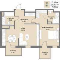 2 ккв (Евро) № 34 Корп.: А8 , Секция 1  в ЖК Рощино Residence