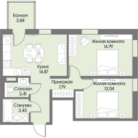 2 ккв № 23 Корп.: А3 , Секция 1  в ЖК Рощино Residence