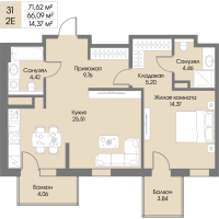 2 ккв (Евро) № 31 Корп.: А9 , Секция 1  в ЖК Рощино Residence
