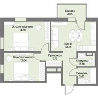 2 ккв № 12 Корп.: А3 , Секция 1  в ЖК Рощино Residence