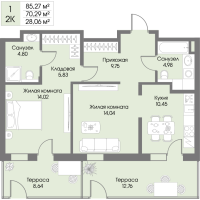 2 ккв (Евро) № 1 Корп.: А6 , Секция 1  в ЖК Рощино Residence