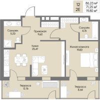 2 ккв (Евро) № 12 Корп.: А8 , Секция 1  в ЖК Рощино Residence