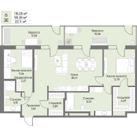 3 ккв (Евро) № 6 Корп.: А3 , Секция 1  в ЖК Рощино Residence