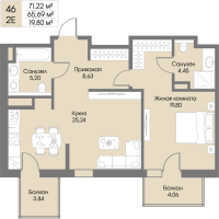 2 ккв (Евро) № 46 Корп.: А8 , Секция 1  в ЖК Рощино Residence
