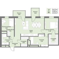 3 ккв (Евро) № 17 Корп.: А9 , Секция 1  в ЖК Рощино Residence