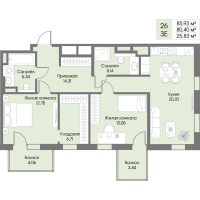 3 ккв (Евро) № 26 Корп.: А6 , Секция 1  в ЖК Рощино Residence