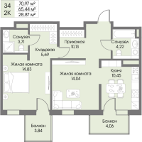 2 ккв № 34 Корп.: А3 , Секция 1  в ЖК Рощино Residence