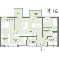 3 ккв (Евро) № 36 Корп.: А9 , Секция 1  в ЖК Рощино Residence