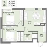 2 ккв № 12 Корп.: Б2 , Секция 1  в ЖК Рощино Residence