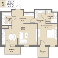 2 ккв (Евро) № 51 Корп.: А9 , Секция 1  в ЖК Рощино Residence