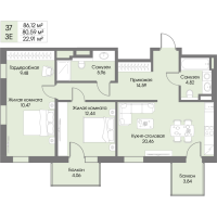 3 ккв (Евро) № 37 Корп.: А8 , Секция 1  в ЖК Рощино Residence