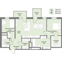 3 ккв (Евро) № 15 Корп.: А6 , Секция 1  в ЖК Рощино Residence