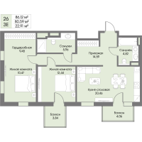 3 ккв (Евро) № 26 Корп.: А8 , Секция 1  в ЖК Рощино Residence