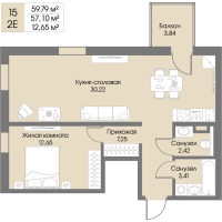 2 ккв (Евро) № 15 Корп.: А7 , Секция 1  в ЖК Рощино Residence