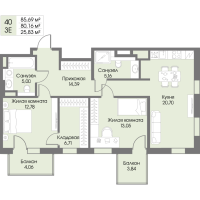 3 ккв (Евро) № 40 Корп.: А3 , Секция 1  в ЖК Рощино Residence