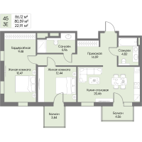 3 ккв (Евро) № 45 Корп.: А4 , Секция 1  в ЖК Рощино Residence
