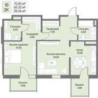 2 ккв № 10 Корп.: А6 , Секция 1  в ЖК Рощино Residence
