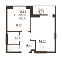 1 ккв № 157 Корп.: 1 , Секция 1  в ЖК Рубеж